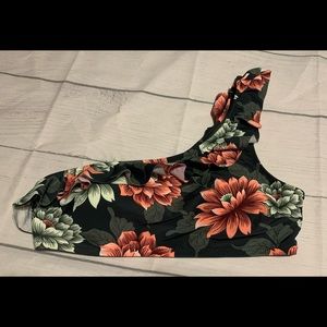 Dark green one shoulder ruffle floral swimsuit top